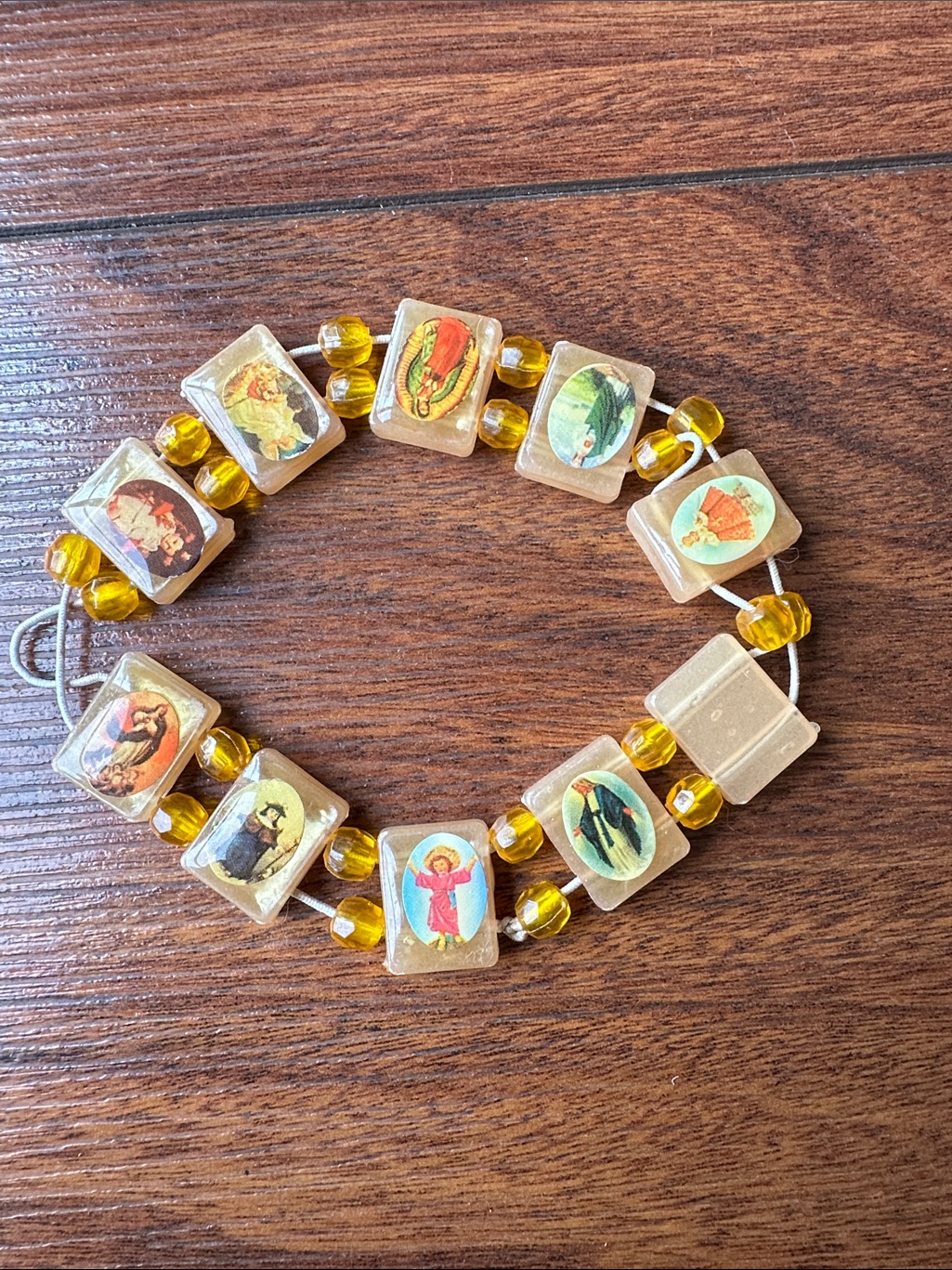 Vintage Religious Biblical Charm Bracelet In Amber And Cream